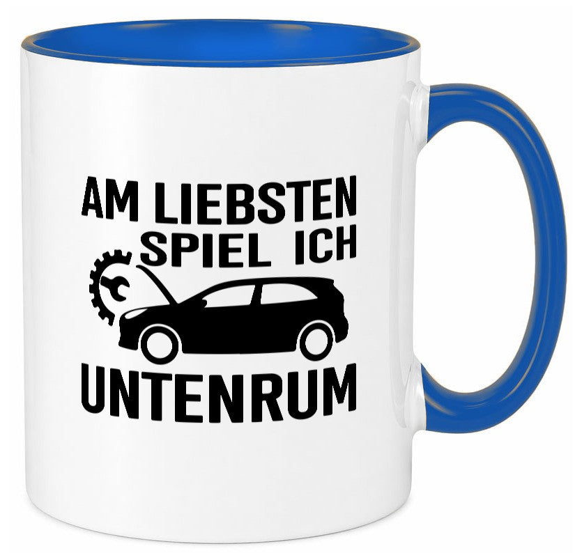 Am liebsten spiele ich unten rum | Autoliebhaber Werkstatt lustiger Spruch Tasse