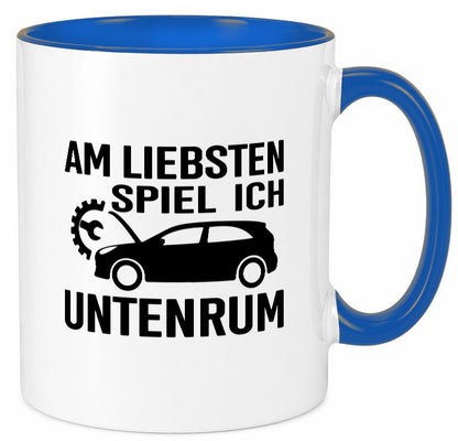 Am liebsten spiele ich unten rum | Autoliebhaber Werkstatt lustiger Spruch Tasse
