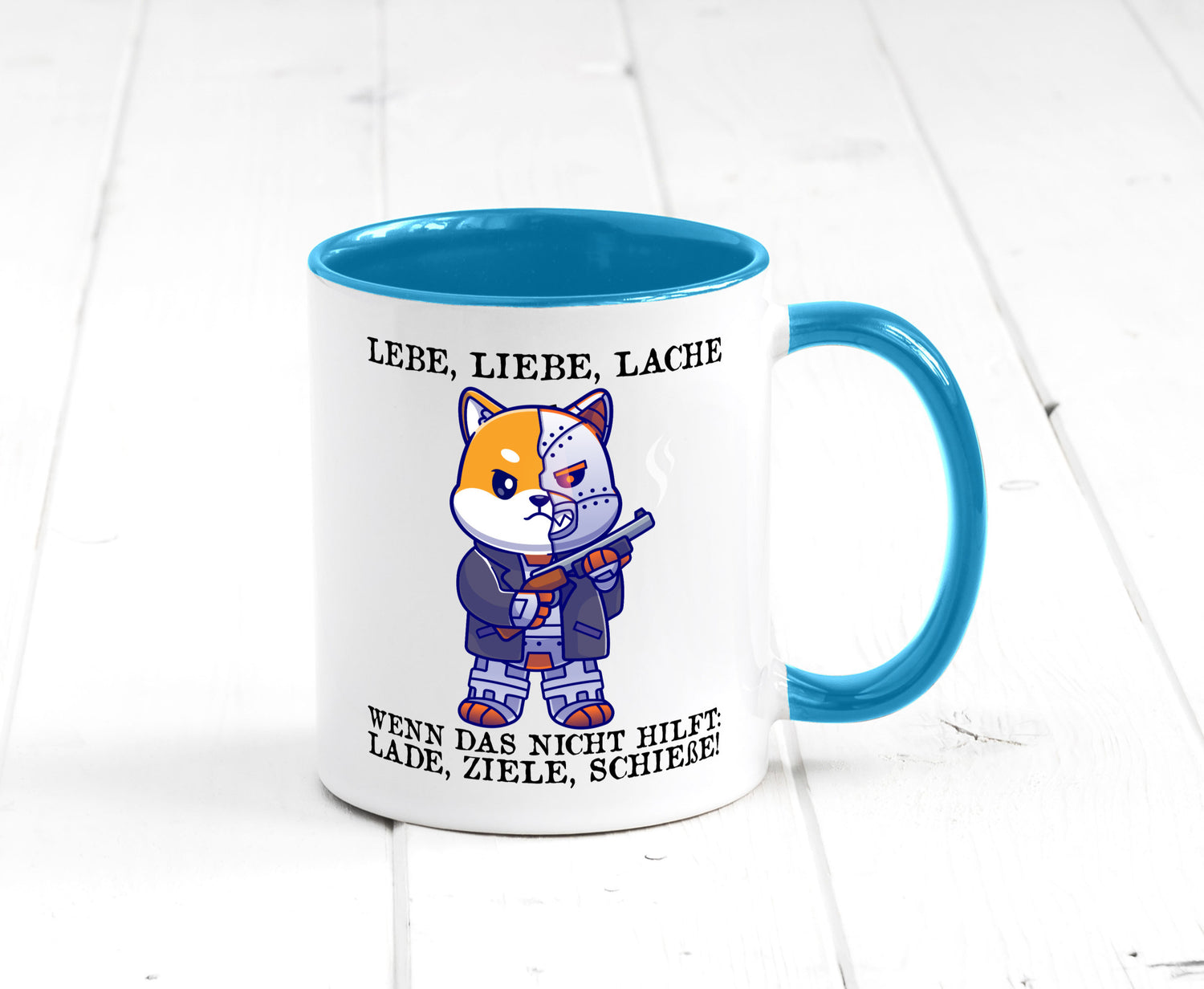 Lebe Liebe Lache | Sarkasmus Katze mit Gewehr Comic Geschenk Tierliebhaber
