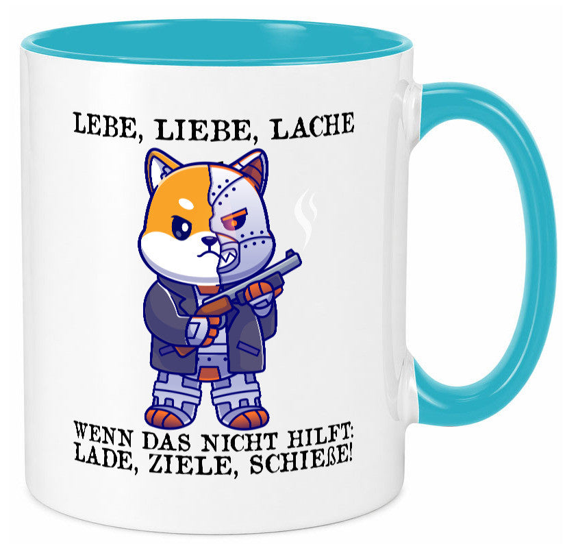 Lebe Liebe Lache | Sarkasmus Katze mit Gewehr Comic Geschenk Tierliebhaber