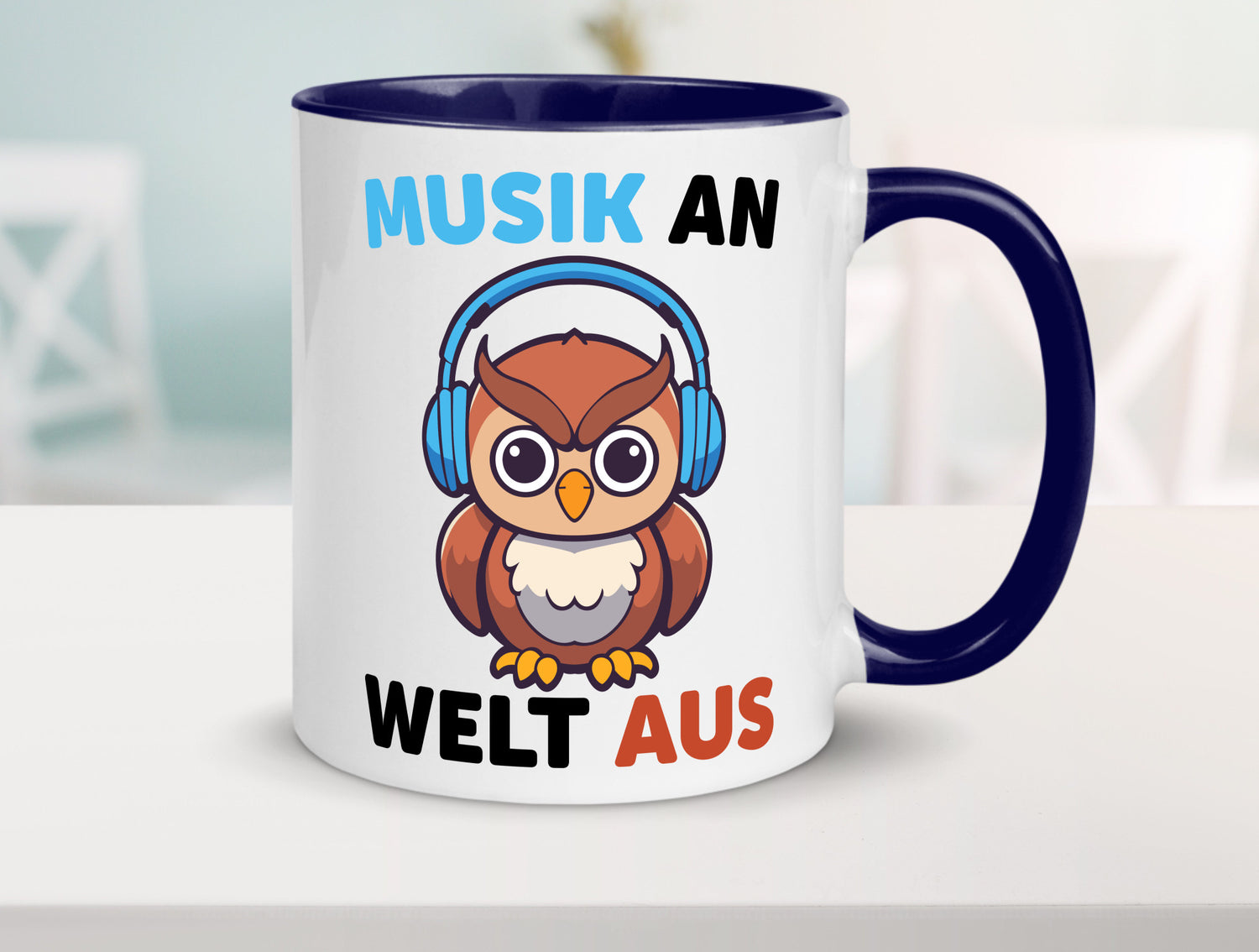 Musik an Welt aus | Eule hört lustiger Spruch Geschenk Humor Geschenkidee Tasse