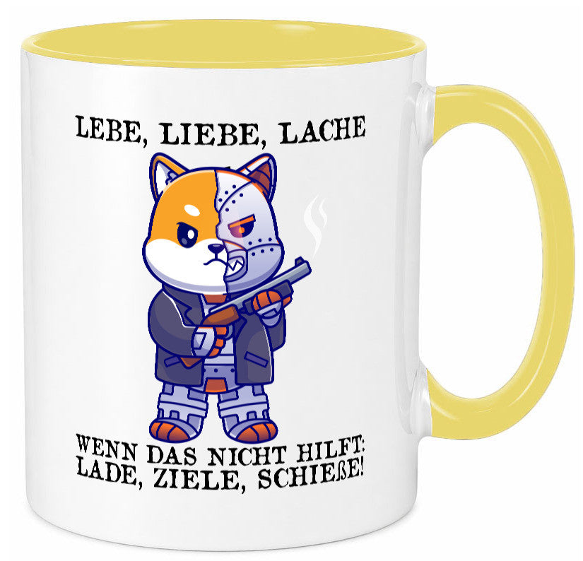 Lebe Liebe Lache | Sarkasmus Katze mit Gewehr Comic Geschenk Tierliebhaber