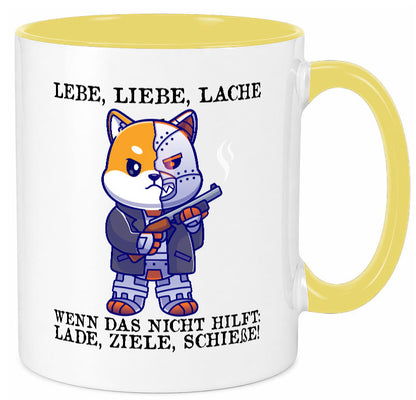 Lebe Liebe Lache | Sarkasmus Katze mit Gewehr Comic Geschenk Tierliebhaber