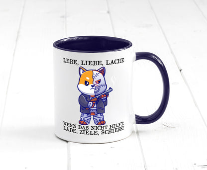 Lebe Liebe Lache | Sarkasmus Katze mit Gewehr Comic Geschenk Tierliebhaber