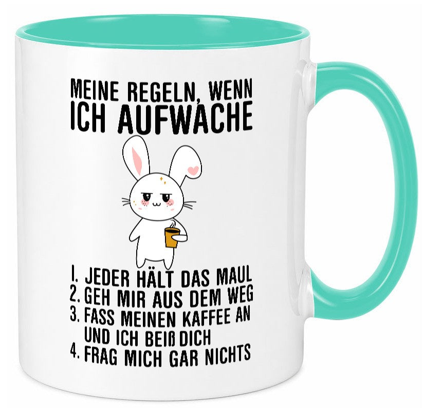 Regeln wenn ich aufwache | Morgenmuffel Hase Kaffee Geschenk Humor Geschenkidee Tasse
