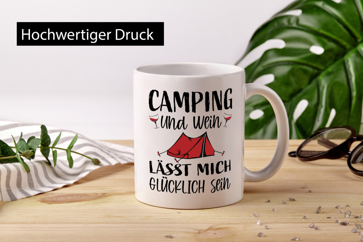 Camping und Wein, Glücklich sein | Zelt Geschenkidee Humor Tasse