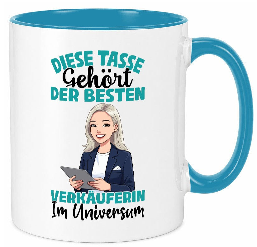 Im Universum: Verkäuferin| Kollegin | Verkaufsjob lustiger Spruch Geschenk Tasse