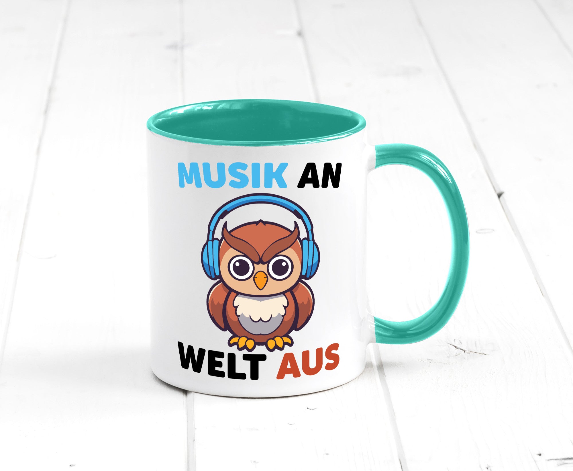 Musik an Welt aus | Eule hört lustiger Spruch Geschenk Humor Geschenkidee Tasse