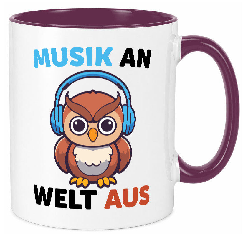 Musik an Welt aus | Eule hört lustiger Spruch Geschenk Humor Geschenkidee Tasse
