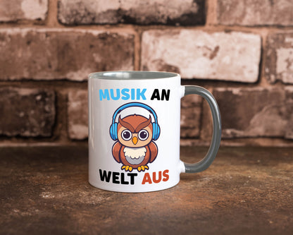 Musik an Welt aus | Eule hört lustiger Spruch Geschenk Humor Geschenkidee Tasse