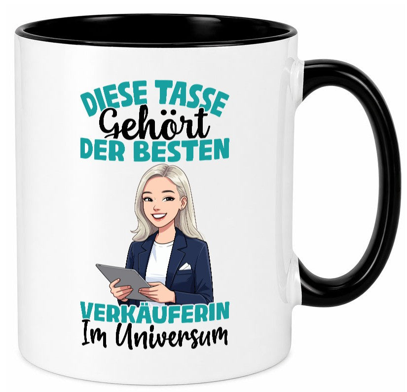 Im Universum: Verkäuferin| Kollegin | Verkaufsjob lustiger Spruch Geschenk Tasse