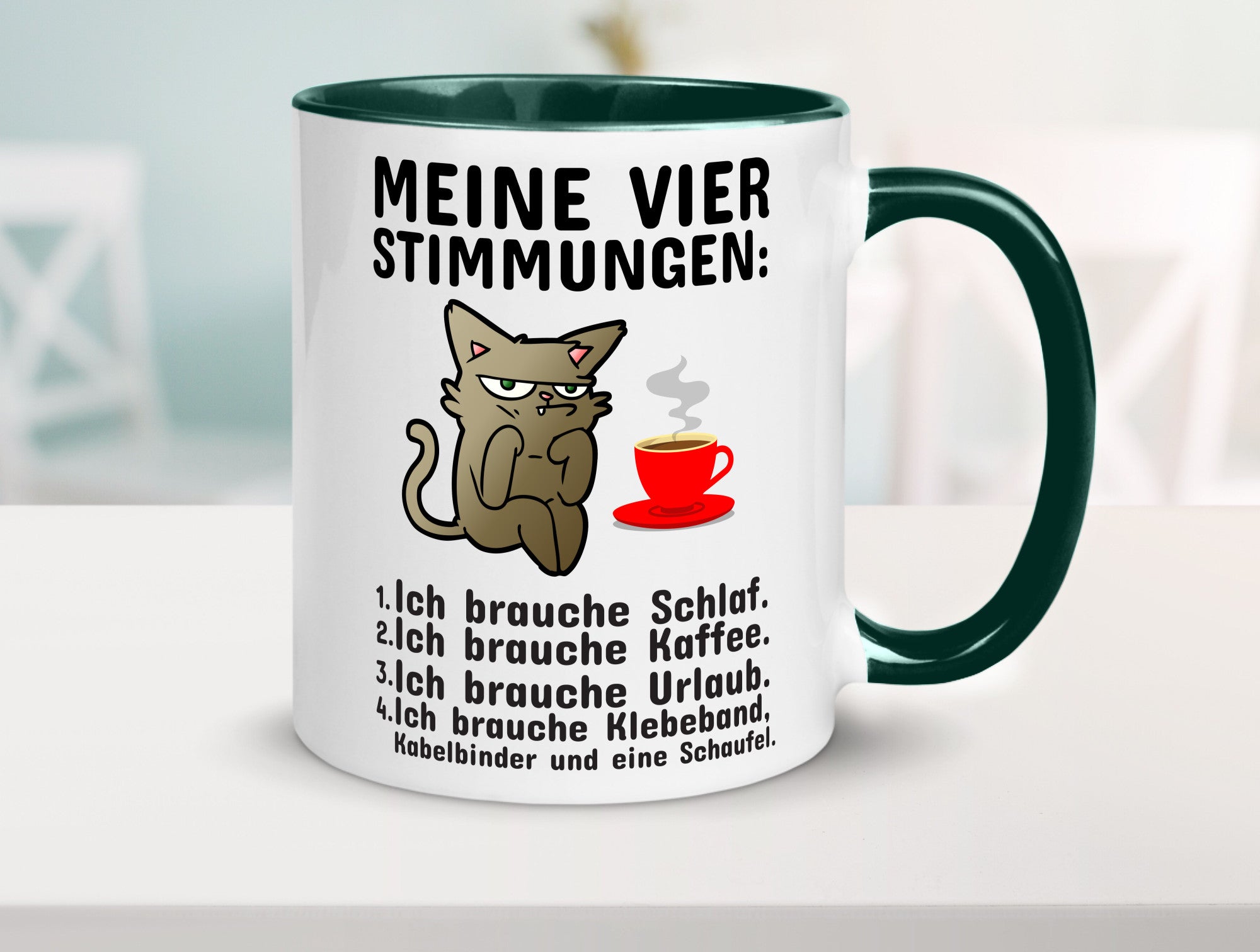 Vier Stimmungen | Morgenmuffel Tasse mürrische Katze Humor Tierliebhaber