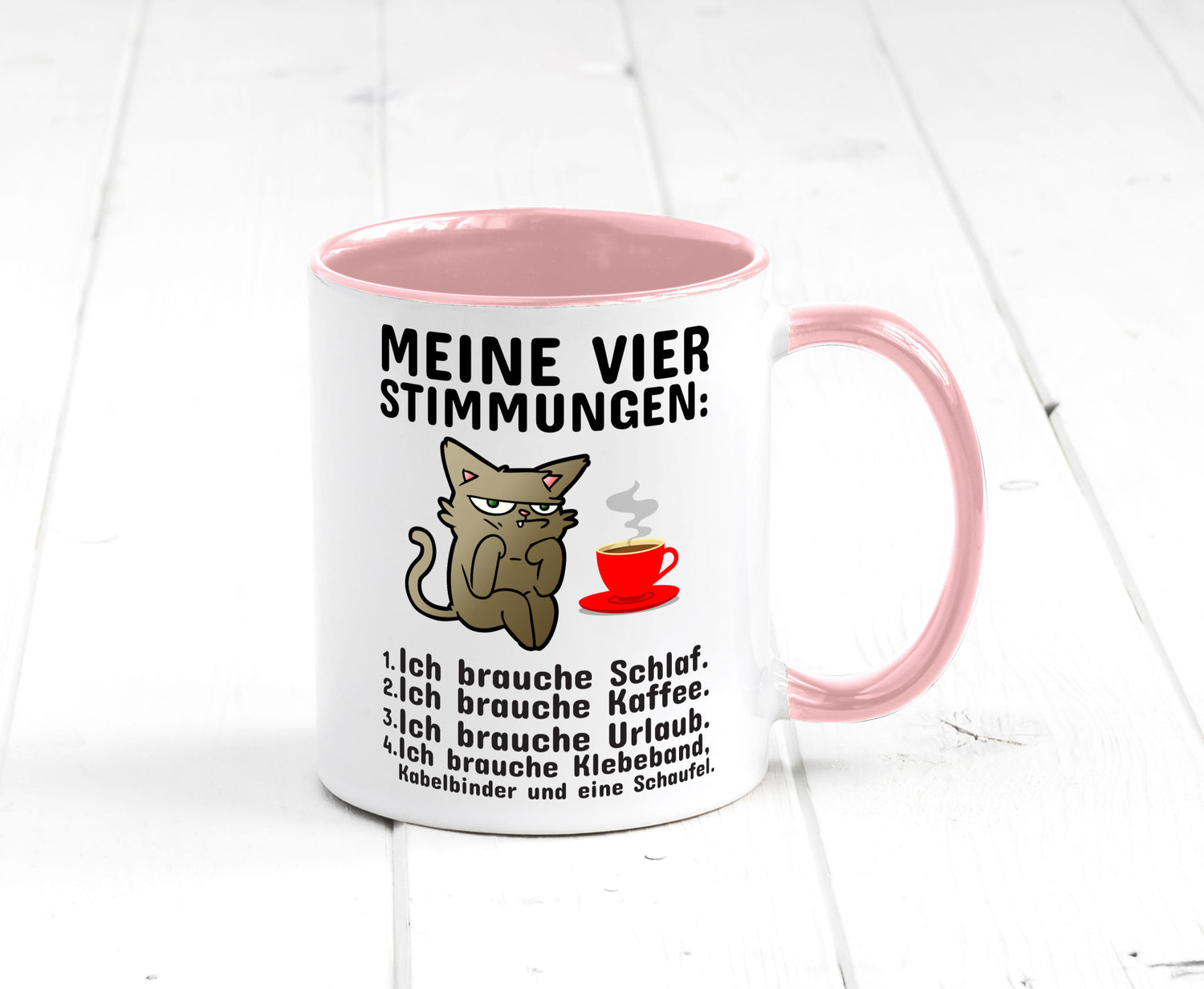 Vier Stimmungen | Morgenmuffel Tasse mürrische Katze Humor Tierliebhaber