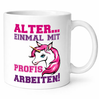 Mit Profis arbeiten | grimmiges Einhorn witzige Tasse Humor Arbeit Kollegen