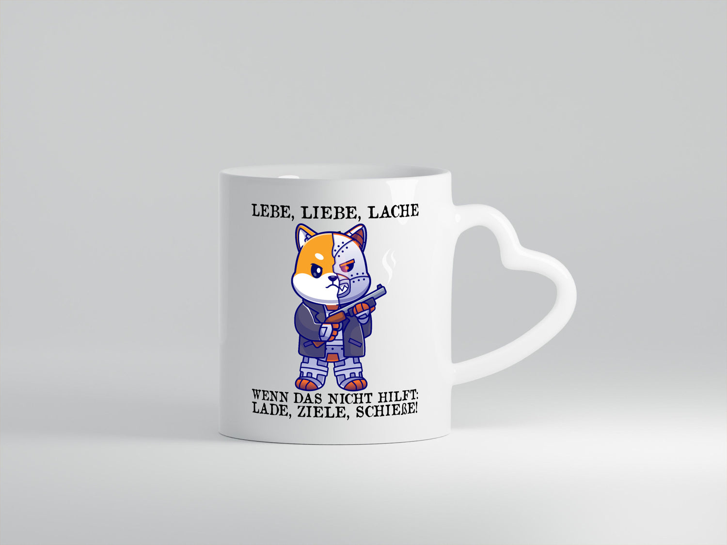 Lebe Liebe Lache | Sarkasmus Katze mit Gewehr Comic Geschenk Tierliebhaber