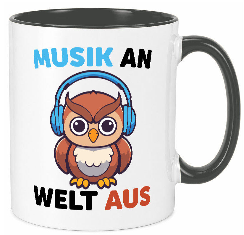 Musik an Welt aus | Eule hört lustiger Spruch Geschenk Humor Geschenkidee Tasse