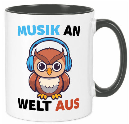 Musik an Welt aus | Eule hört lustiger Spruch Geschenk Humor Geschenkidee Tasse