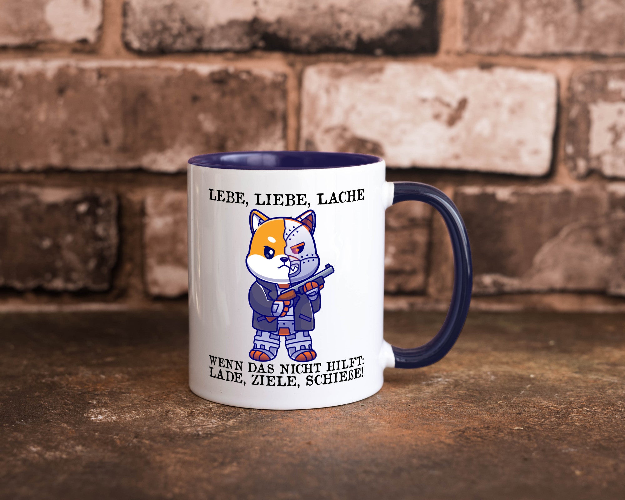 Lebe Liebe Lache | Sarkasmus Katze mit Gewehr Comic Geschenk Tierliebhaber