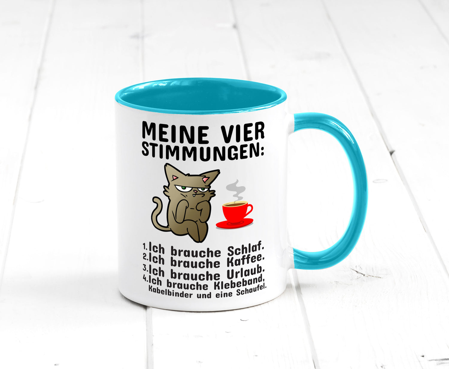 Vier Stimmungen | Morgenmuffel Tasse mürrische Katze Humor Tierliebhaber