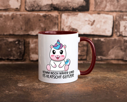 Komm näher und es klatscht Glitzer | Humor Einhorn Geschenkidee Tasse