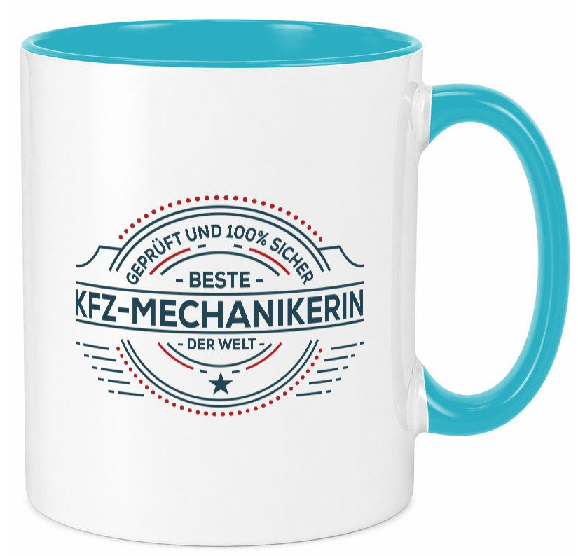 Geprüft und sicher: KFZ-Mechanikerin | Mechaniker lustig Humor Geschenkidee Tasse