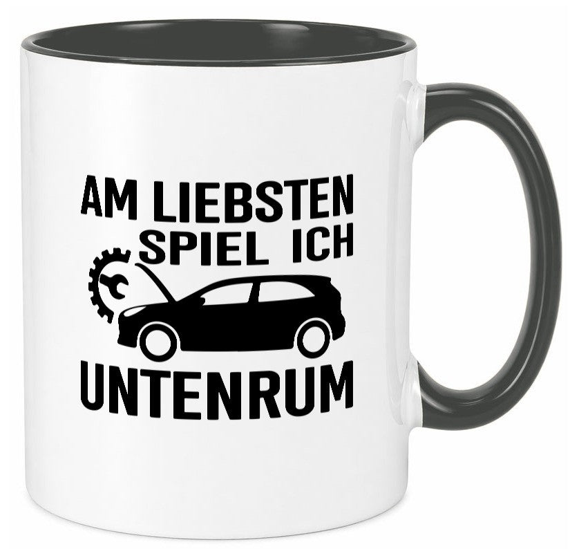 Am liebsten spiele ich unten rum | Autoliebhaber Werkstatt lustiger Spruch Tasse