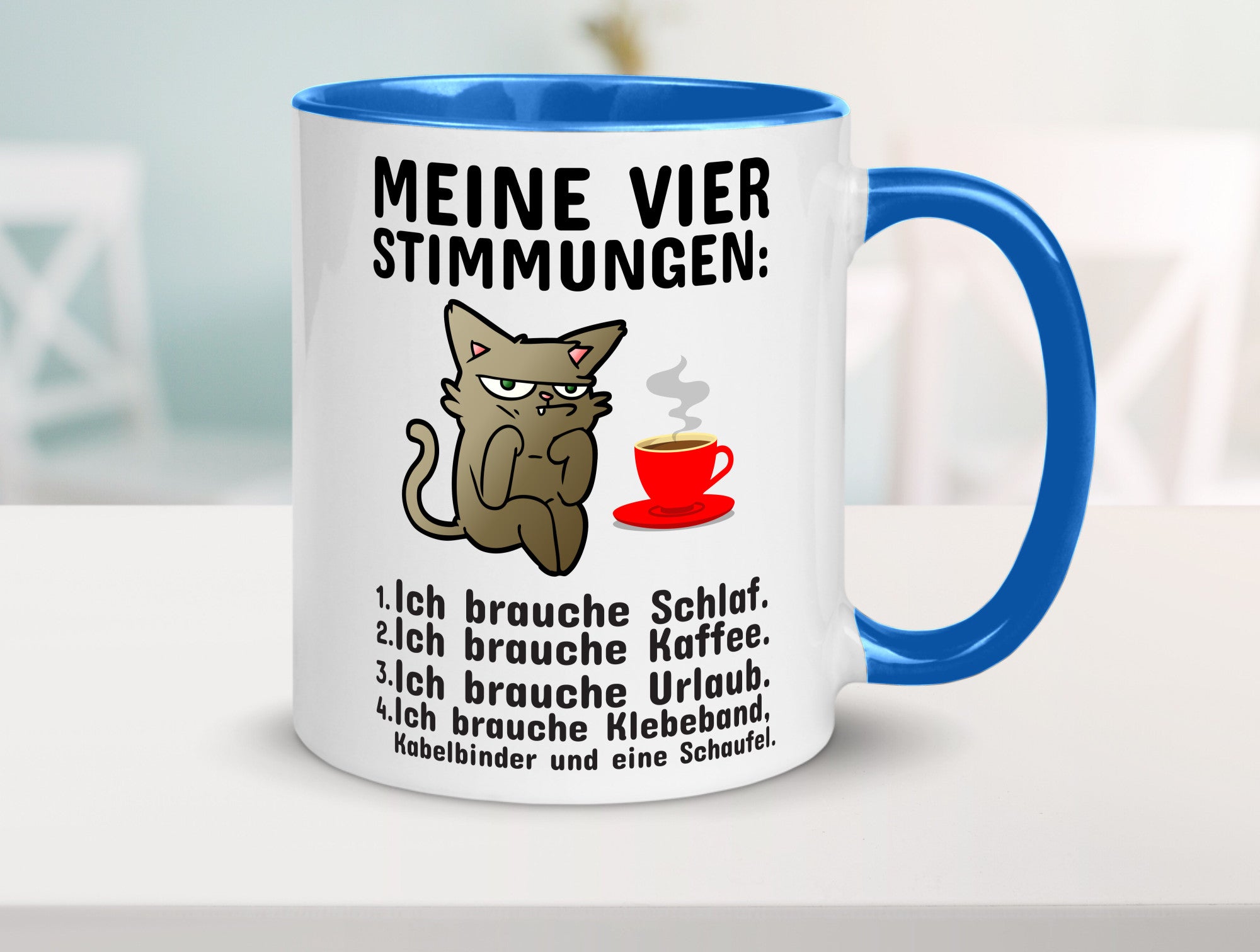 Vier Stimmungen | Morgenmuffel Tasse mürrische Katze Humor Tierliebhaber