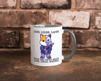 Lebe Liebe Lache | Sarkasmus Katze mit Gewehr Comic Geschenk Tierliebhaber