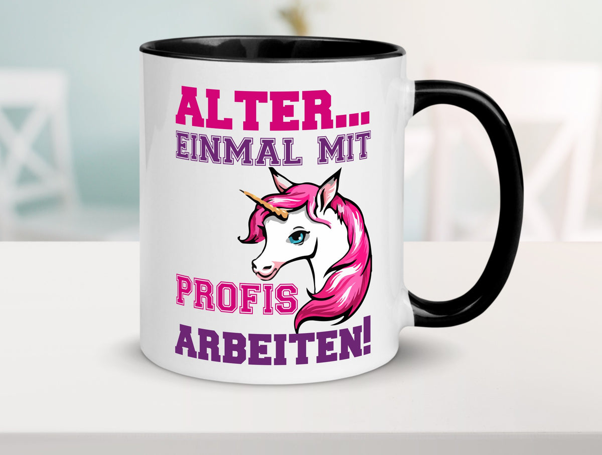 Mit Profis arbeiten | grimmiges Einhorn witzige Tasse Humor Arbeit Kollegen