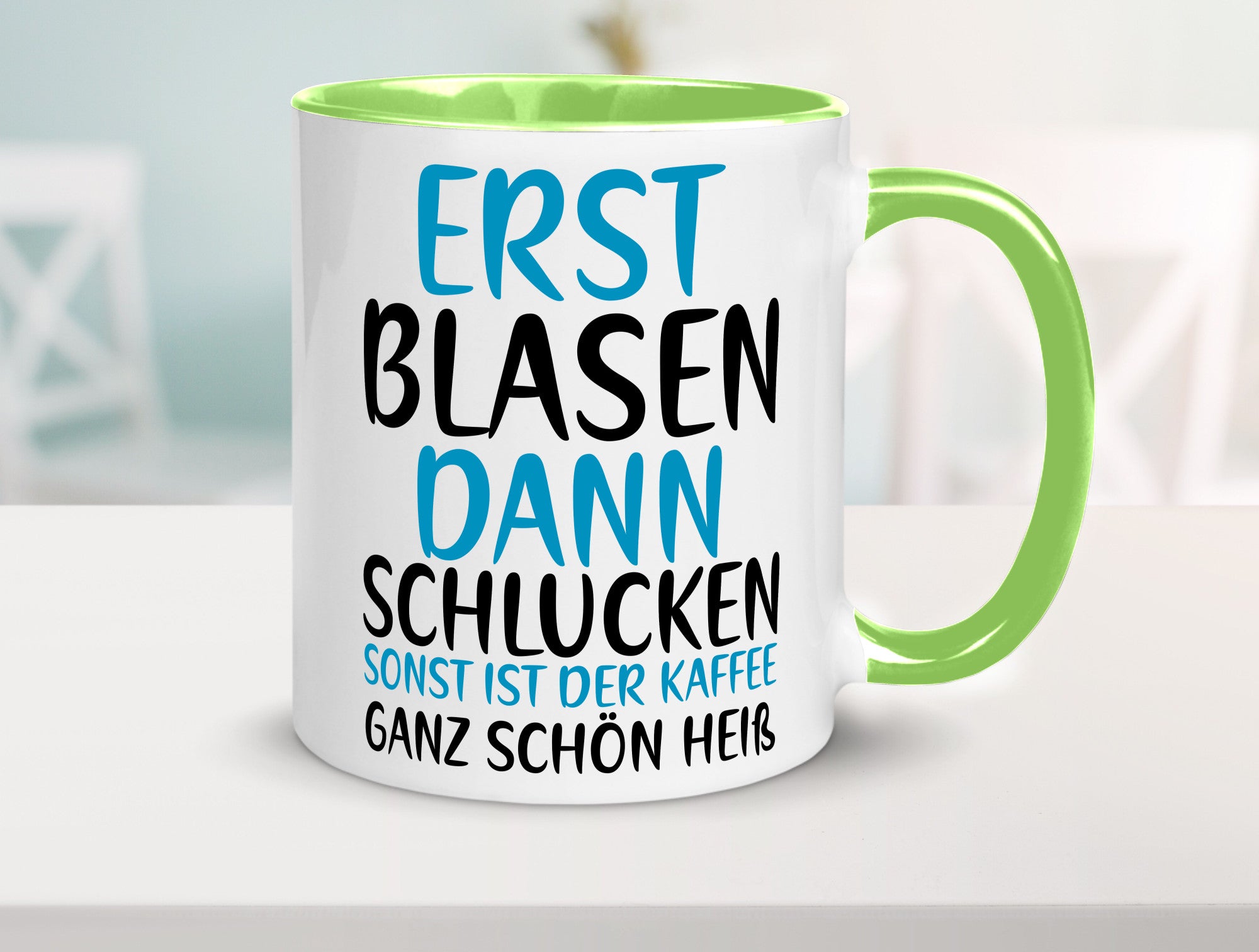 Erst Blasen dann Schlucken | kecker Spruch Lippenstift Geschenkidee Humor Tasse