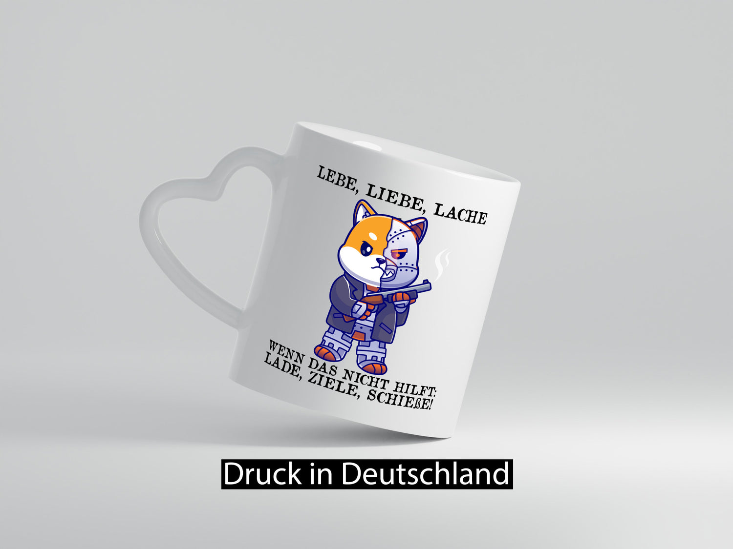 Lebe Liebe Lache | Sarkasmus Katze mit Gewehr Comic Geschenk Tierliebhaber