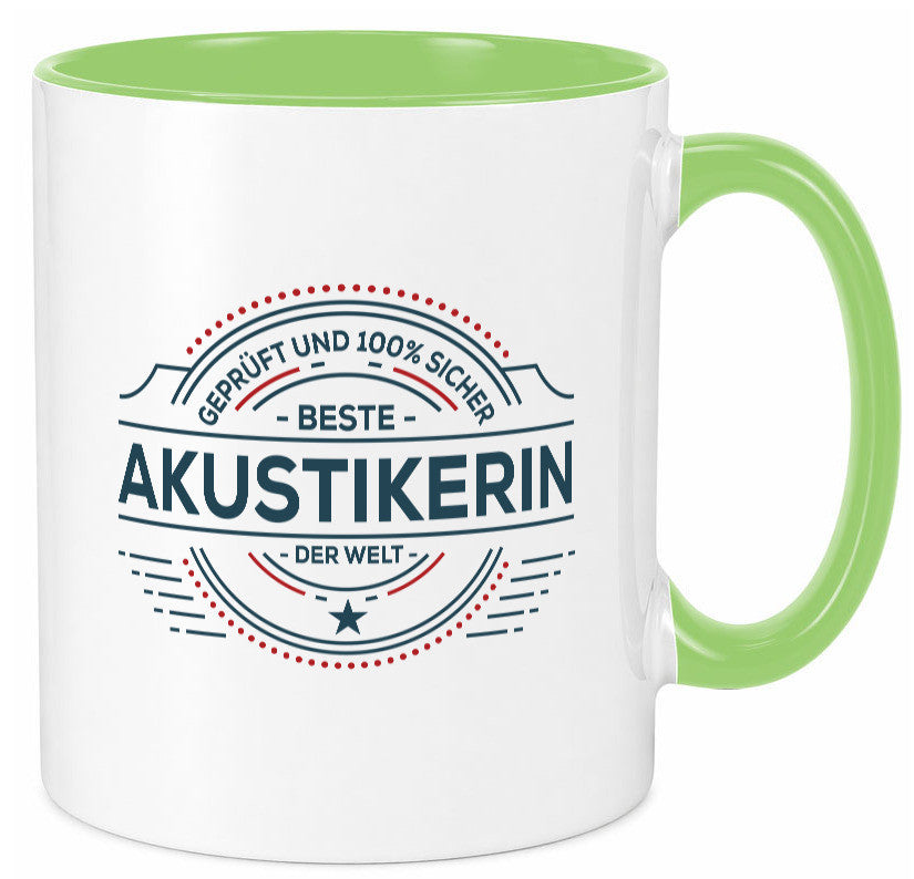 Geprüft und sicher: Akustikerin | Akustik Hörgeräteakustik Humor Geschenkidee Tasse