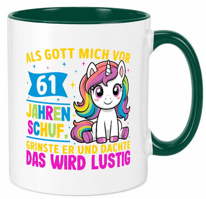 61. Geburtstag | Als Gott mich schuf 40 Jahre v2 Humor Geschenkidee Tasse