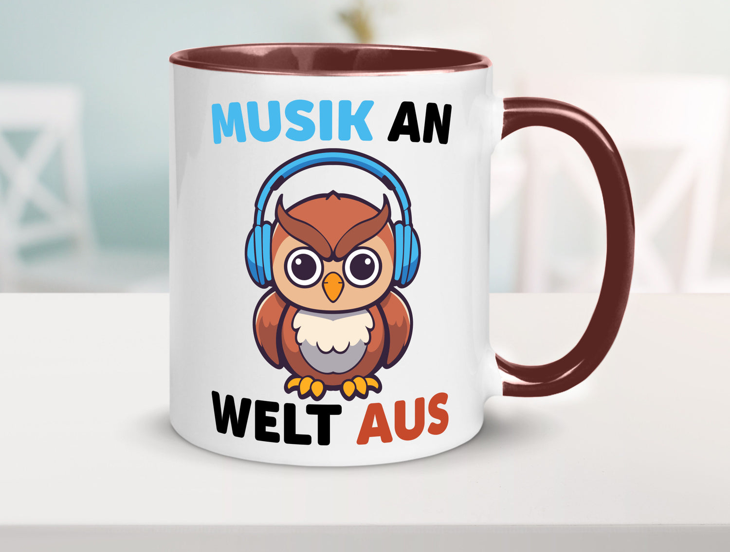 Musik an Welt aus | Eule hört lustiger Spruch Geschenk Humor Geschenkidee Tasse