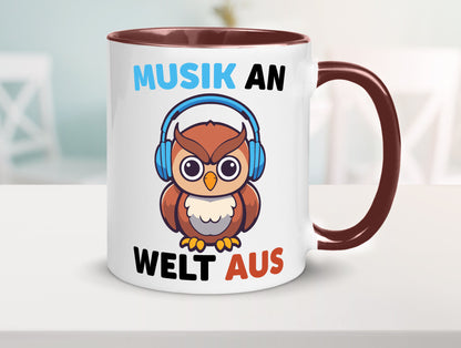 Musik an Welt aus | Eule hört lustiger Spruch Geschenk Humor Geschenkidee Tasse