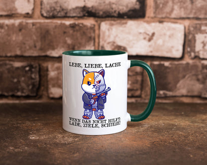 Lebe Liebe Lache | Sarkasmus Katze mit Gewehr Comic Geschenk Tierliebhaber