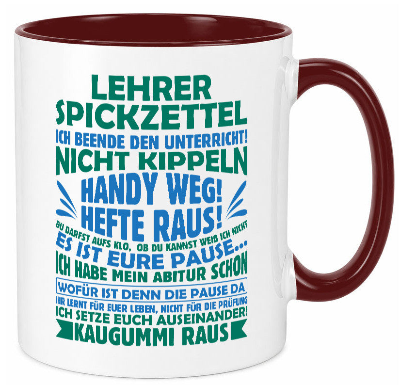 Lehrer Spickzettel | Beruf Tasse lustiger Spruch vl2 Geschenk Arbeit Kollegen