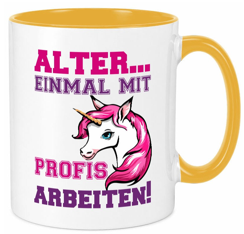 Mit Profis arbeiten | grimmiges Einhorn witzige Tasse Humor Arbeit Kollegen