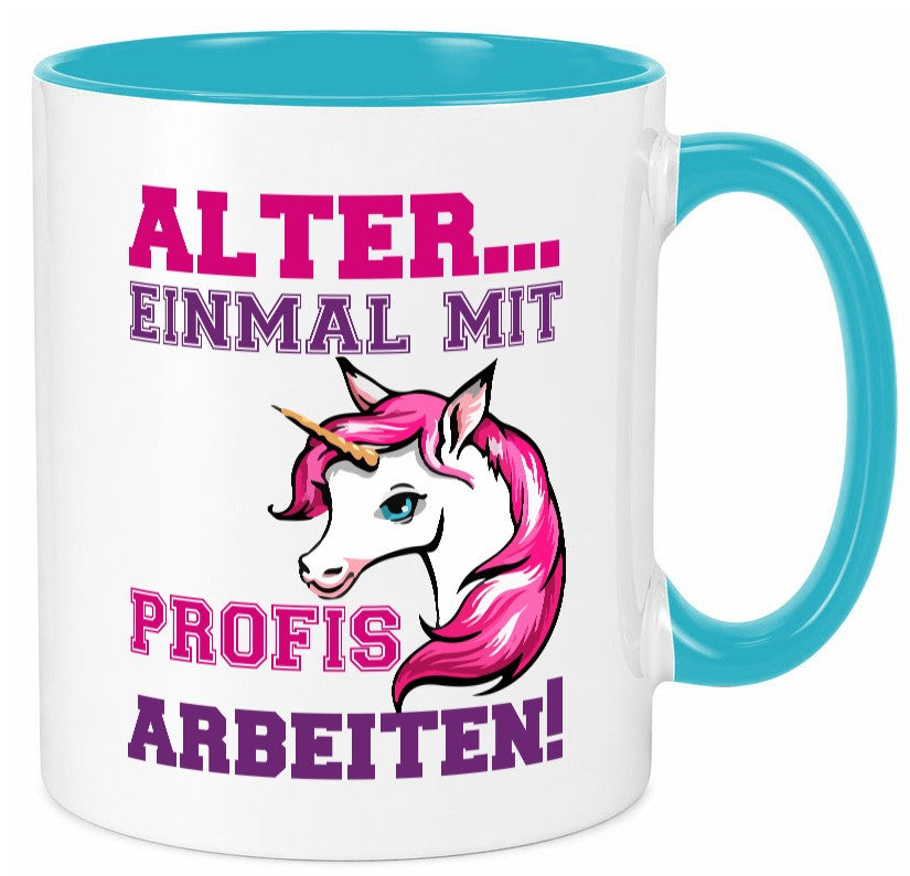 Mit Profis arbeiten | grimmiges Einhorn witzige Tasse Humor Arbeit Kollegen