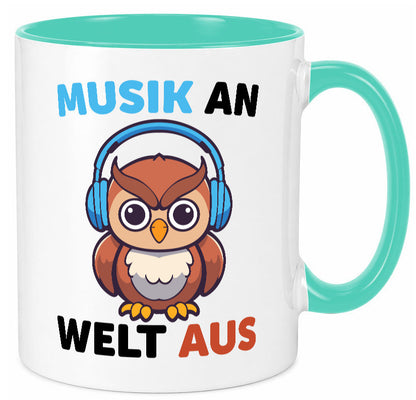 Musik an Welt aus | Eule hört lustiger Spruch Geschenk Humor Geschenkidee Tasse