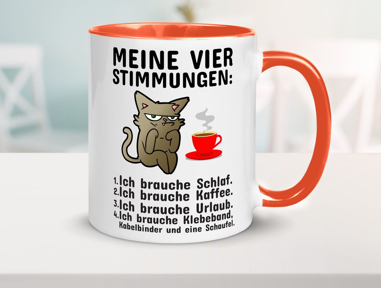 Vier Stimmungen | Morgenmuffel Tasse mürrische Katze Humor Tierliebhaber