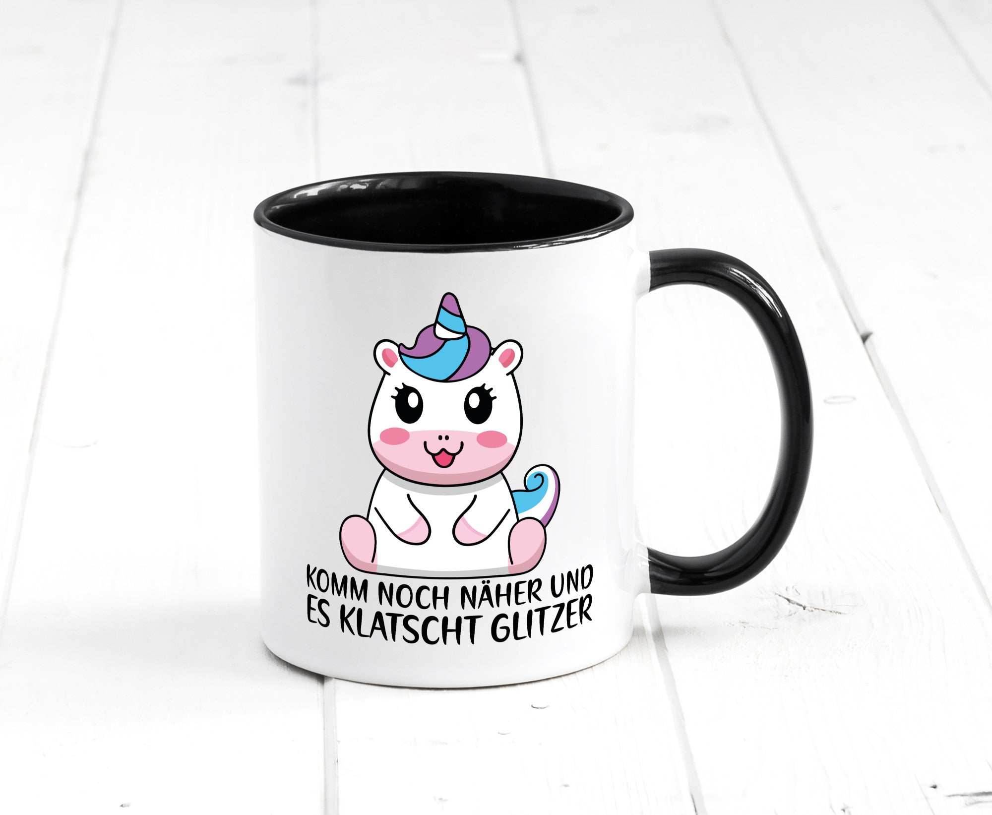 Komm näher und es klatscht Glitzer | Humor Einhorn Geschenkidee Tasse