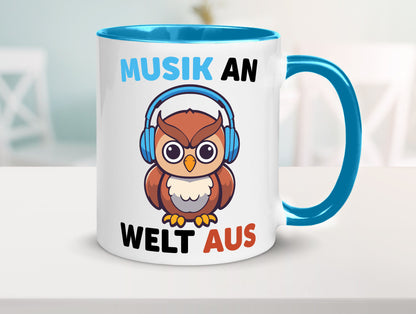 Musik an Welt aus | Eule hört lustiger Spruch Geschenk Humor Geschenkidee Tasse
