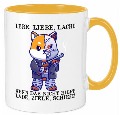 Lebe Liebe Lache | Sarkasmus Katze mit Gewehr Comic Geschenk Tierliebhaber